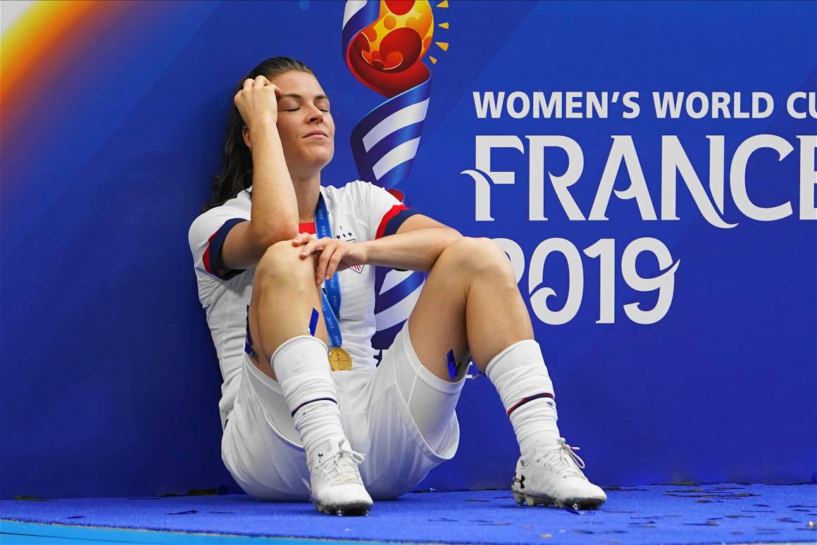 Kelley O'Hara of the USA after their victory deep in thoughts during the 2019 FIFA Women's World Cup France Final match between The United States of America and The Netherlands at Stade de Lyon on July 7, 2019 in Lyon, France.