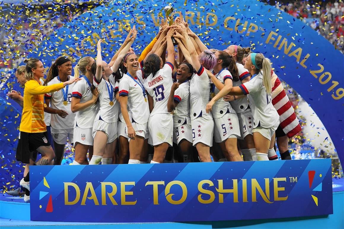 Players of the USA celebrate Rose Lavelle's goal during the 2019 FIFA Women's World Cup France Final match between The United States of America and The Netherlands at Stade de Lyon, 2019.