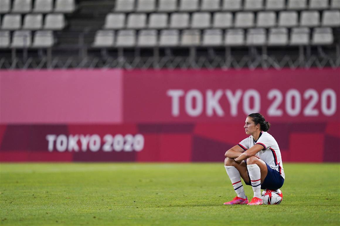 Carli Lloyd (10 United States) dejected after their loss during the Women’s Olympic Football Tournament Tokyo 2020 match between the United States and Canada at Ibaraki Kashima Stadium, Kashima, Japan.
