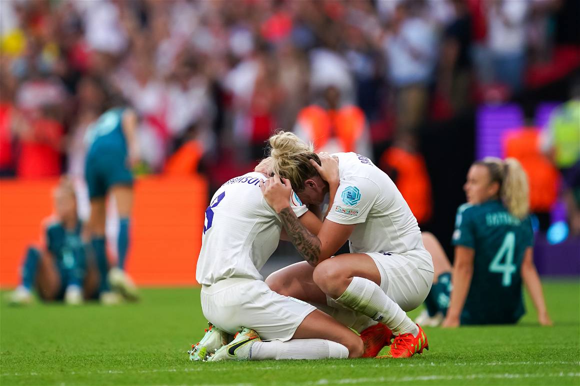 Leah Williamson (8 England) and Millie Bright (6 England) celebrate their victory of the Final and European Championship during the UEFA Womens Euro 2022 Final football match between England and Germany at Wembley Stadium, England.