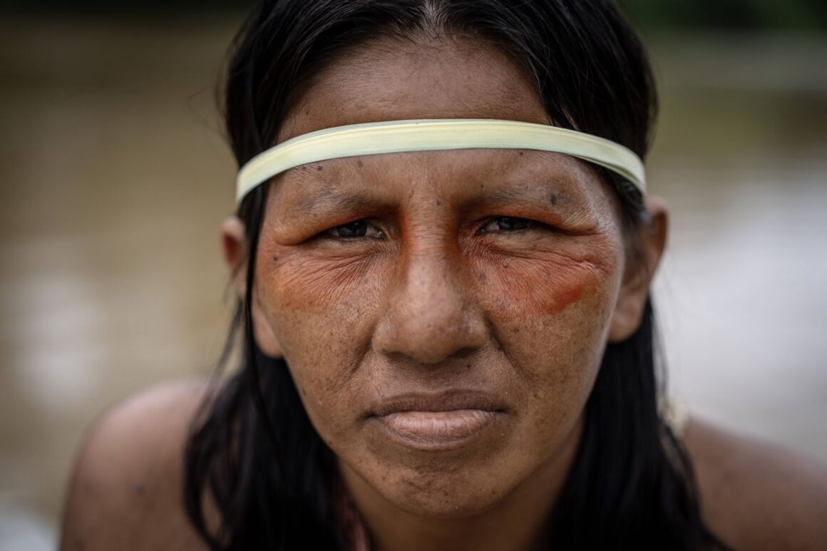 Close-up portrait of a Waorani individual adorned with traditional body paint and natural ornaments.