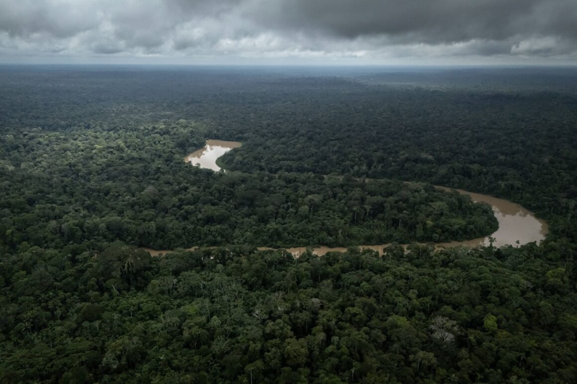 Aerial view of the remote Bameno Waorani settlement, nestled in the Amazon rainforest with a river winding nearby.