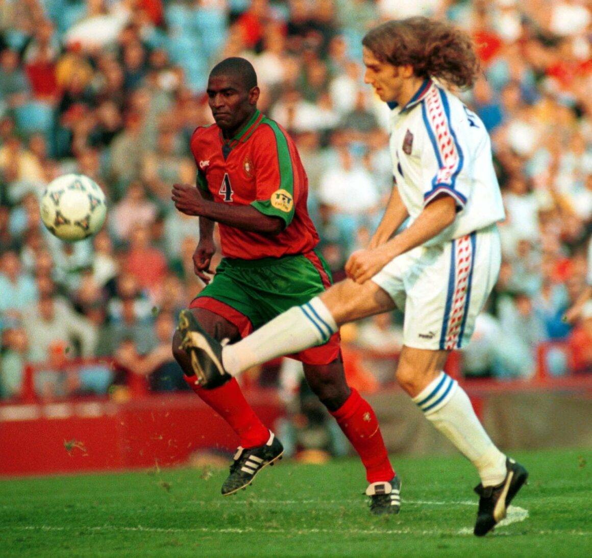 IMAGO / CTK Photo / Michal Dolezal | Czech soccer player Karel Poborsky (right) scores his famous goal in the quarterfinal of Euro 96 against Portugal in Birmingham on June 23, 1996, adding to the collection of Greatest Goals in UEFA EURO History.