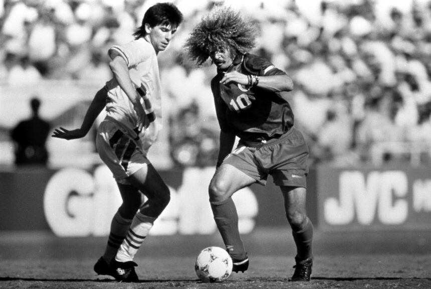Carlos Valderrama of Colombia and Ioan Lupescu of Romania during a World Cup match in 1994.