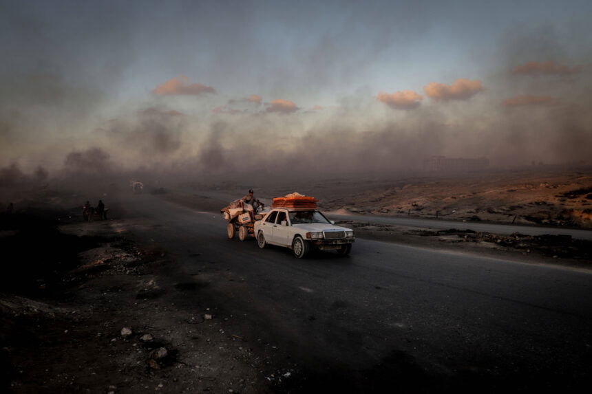 Palestinians travel toward central Gaza with their belongings using vehicles, horse carts, and on foot as they flee intensified Israeli attacks on northern Gaza, in the Gaza Strip, on September 3, 2025.