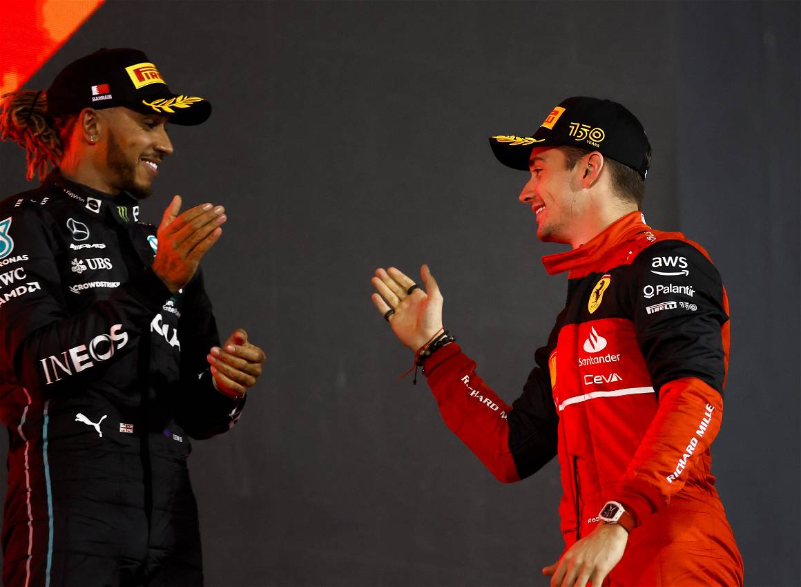 IMAGO / PanoramiC. Charles Leclerc and Lewis Hamilton celebrate on the podium during the Formula 1 Gulf Air Bahrain Grand Prix 2022.