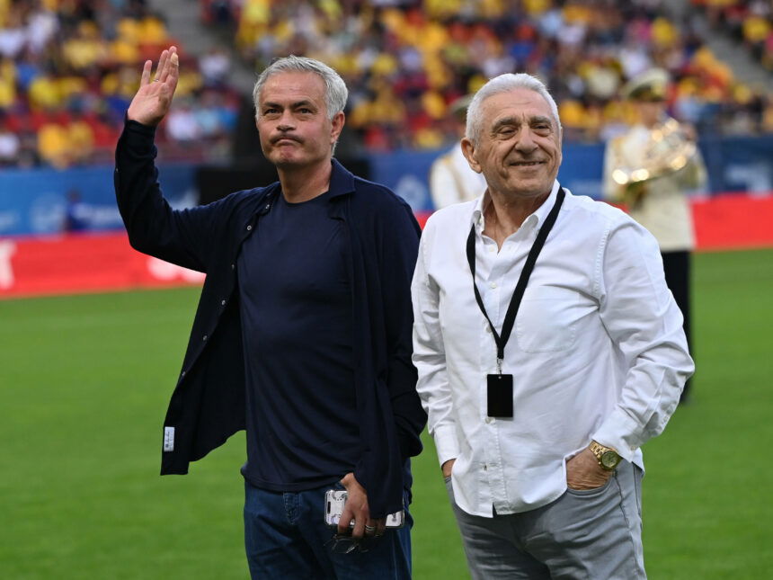 Jose Mourinho and Giovani Becali at the friendly football match between Romanias Golden Generation and the Legends of the World